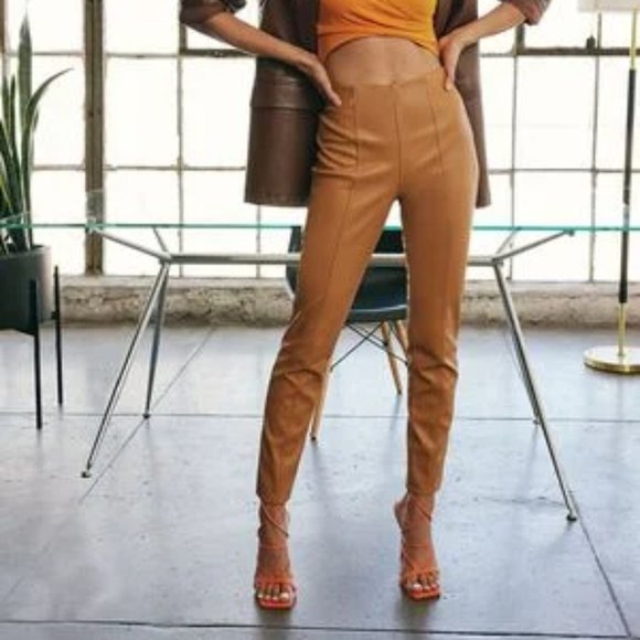 Faux Leather  Ankle Pants Med Coated Camel Brown Straight Skinny Stretch - Picture 1 of 12